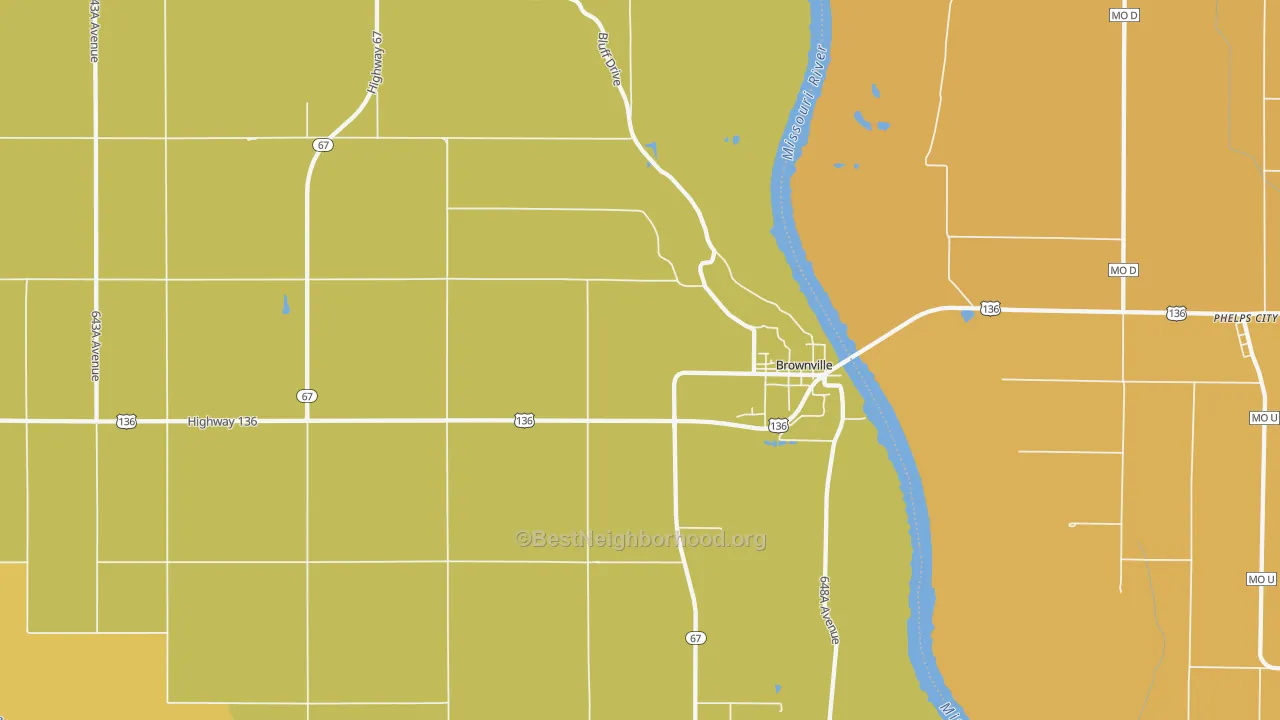 Map of the best neighborhoods in the 68321 area, with better matches in green and worse matches in red