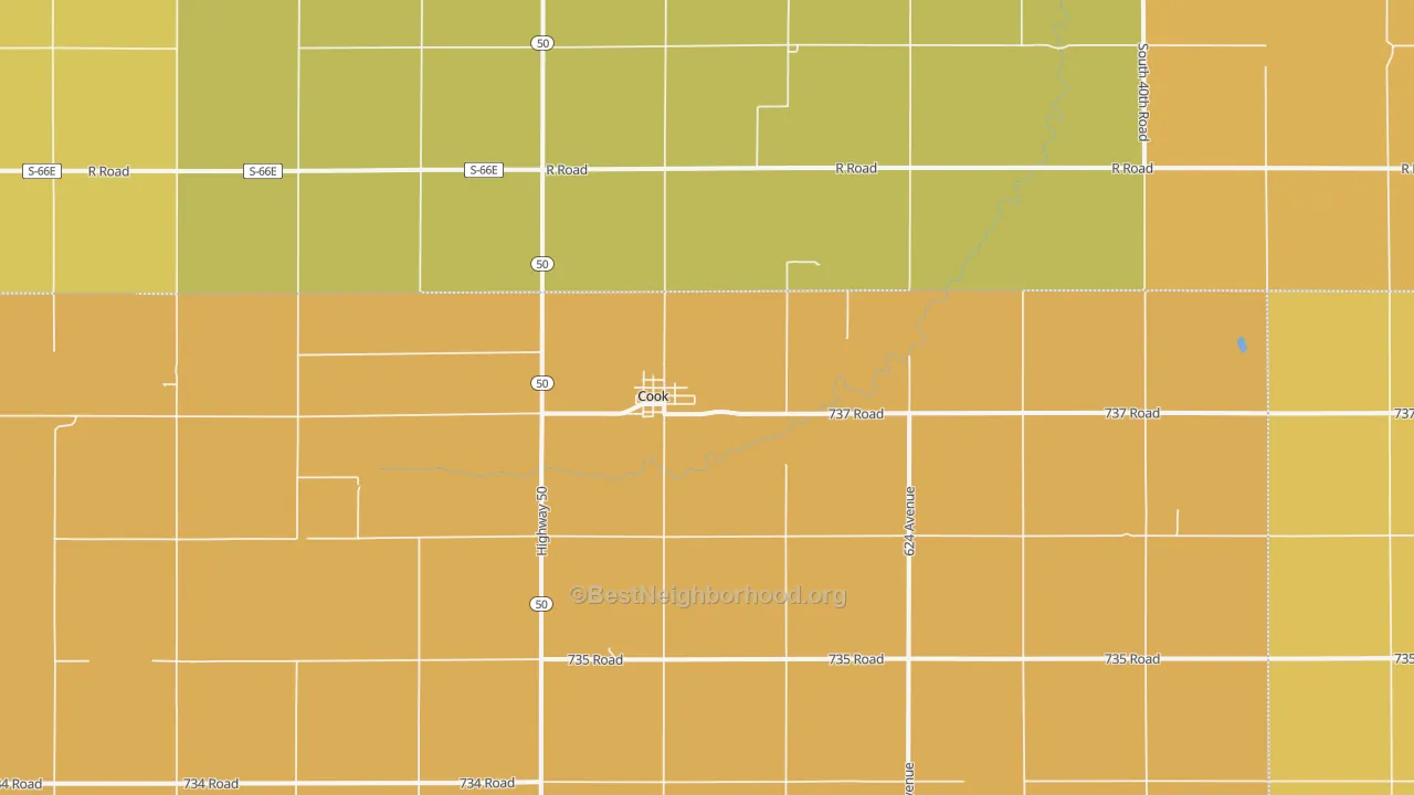 Map of the best neighborhoods in the 68329 area, with better matches in green and worse matches in red