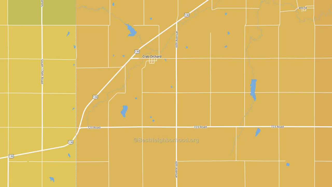 Map of the best neighborhoods in the 68332 area, with better matches in green and worse matches in red