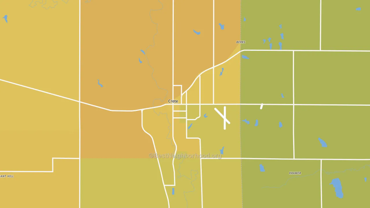 Map of the best neighborhoods in the 68333 area, with better matches in green and worse matches in red