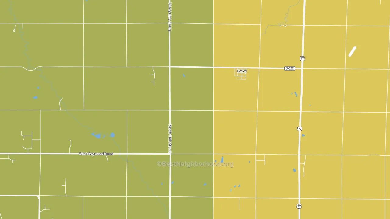 Map of the best neighborhoods in the 68336 area, with better matches in green and worse matches in red