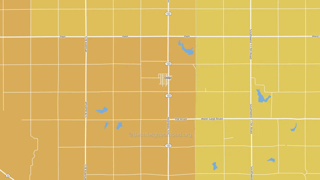 Map of the best neighborhoods in the 68342 area, with better matches in green and worse matches in red