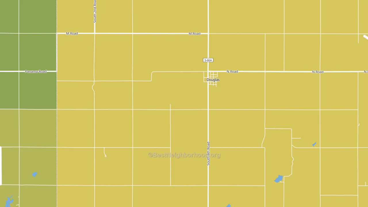 Map of the best neighborhoods in the 68344 area, with better matches in green and worse matches in red