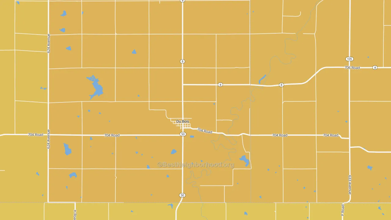Map of the best neighborhoods in the 68345 area, with better matches in green and worse matches in red