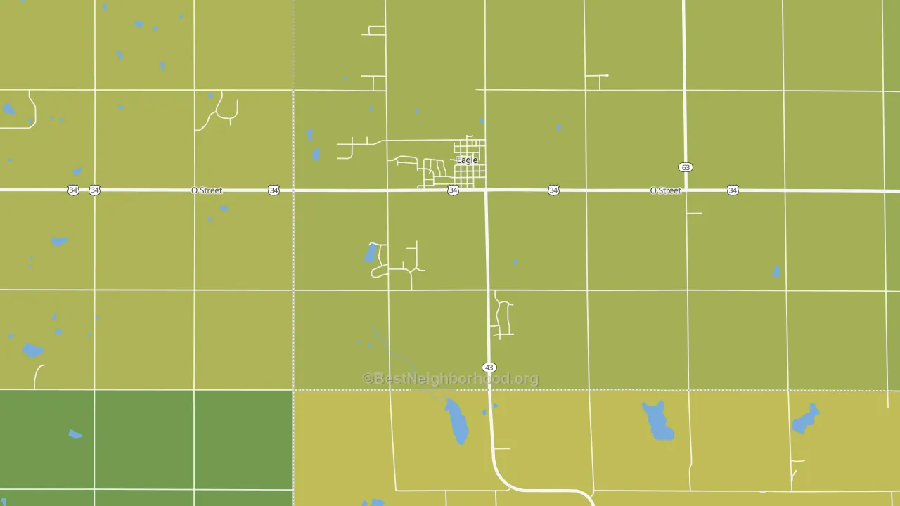Map of the best neighborhoods in the 68347 area, with better matches in green and worse matches in red