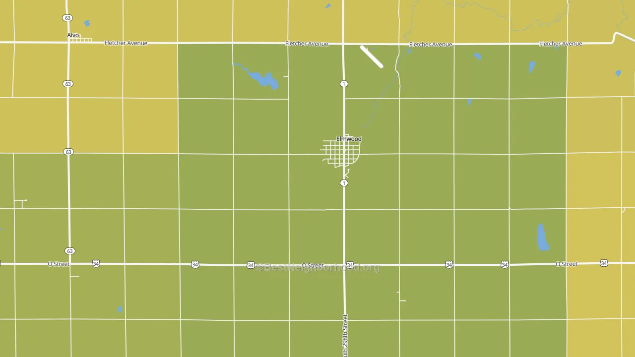 Map of the best neighborhoods in the 68349 area, with better matches in green and worse matches in red