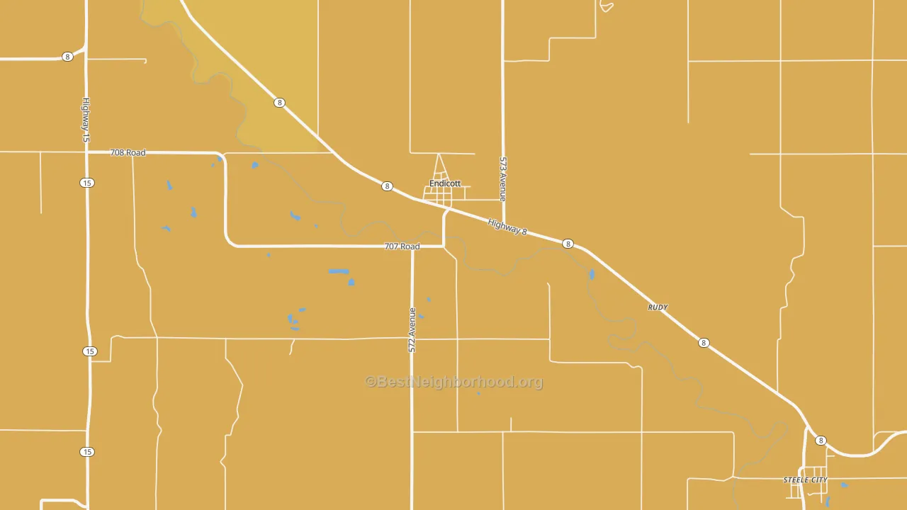 Map of the best neighborhoods in the 68350 area, with better matches in green and worse matches in red