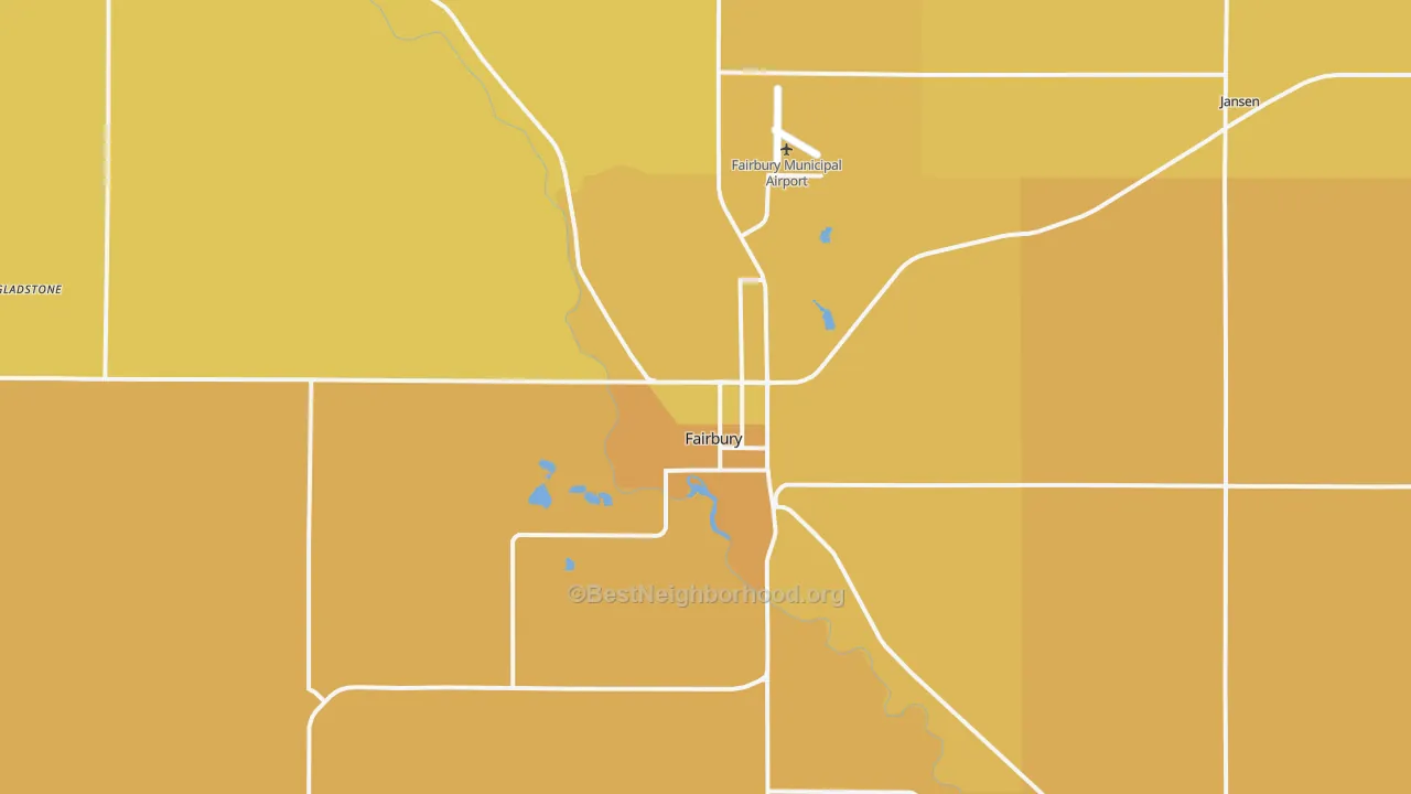 Map of the best neighborhoods in the 68352 area, with better matches in green and worse matches in red