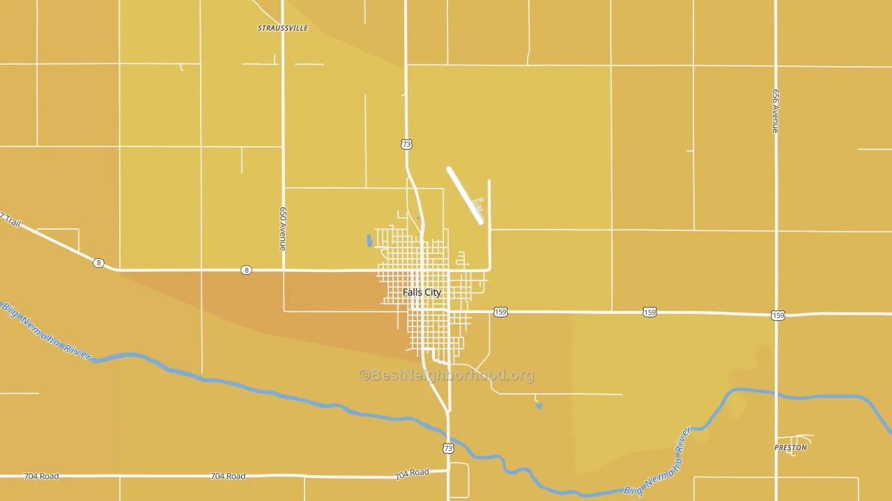Map of the best neighborhoods in the 68355 area, with better matches in green and worse matches in red