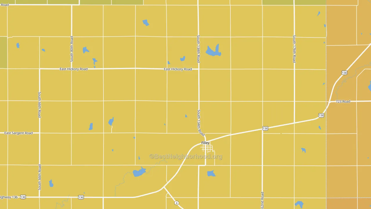 Map of the best neighborhoods in the 68357 area, with better matches in green and worse matches in red