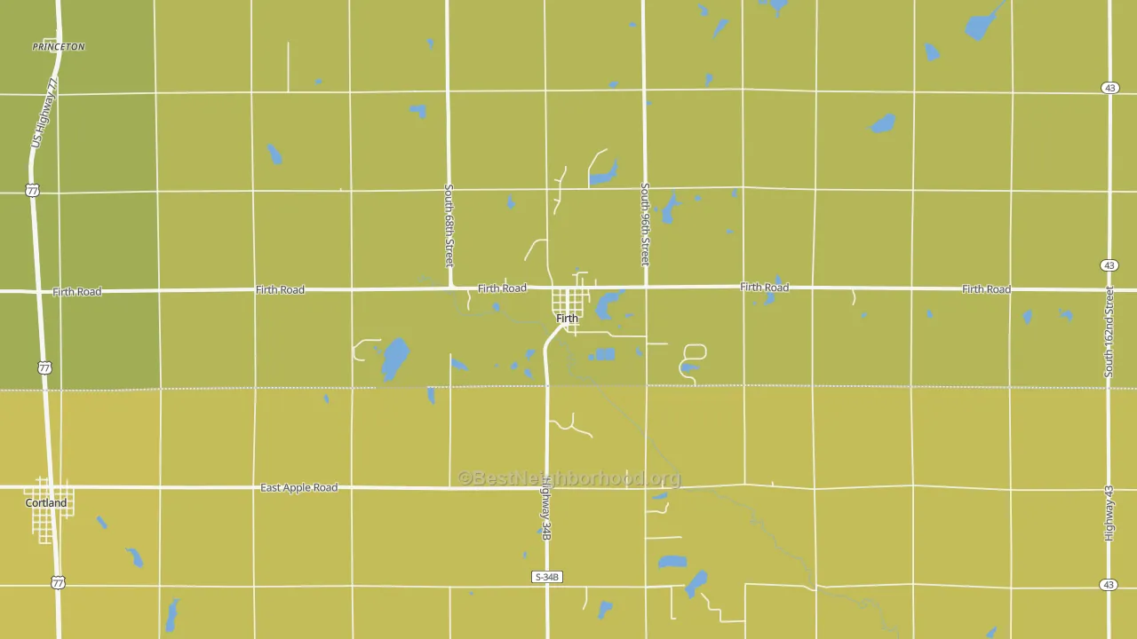 Map of the best neighborhoods in the 68358 area, with better matches in green and worse matches in red