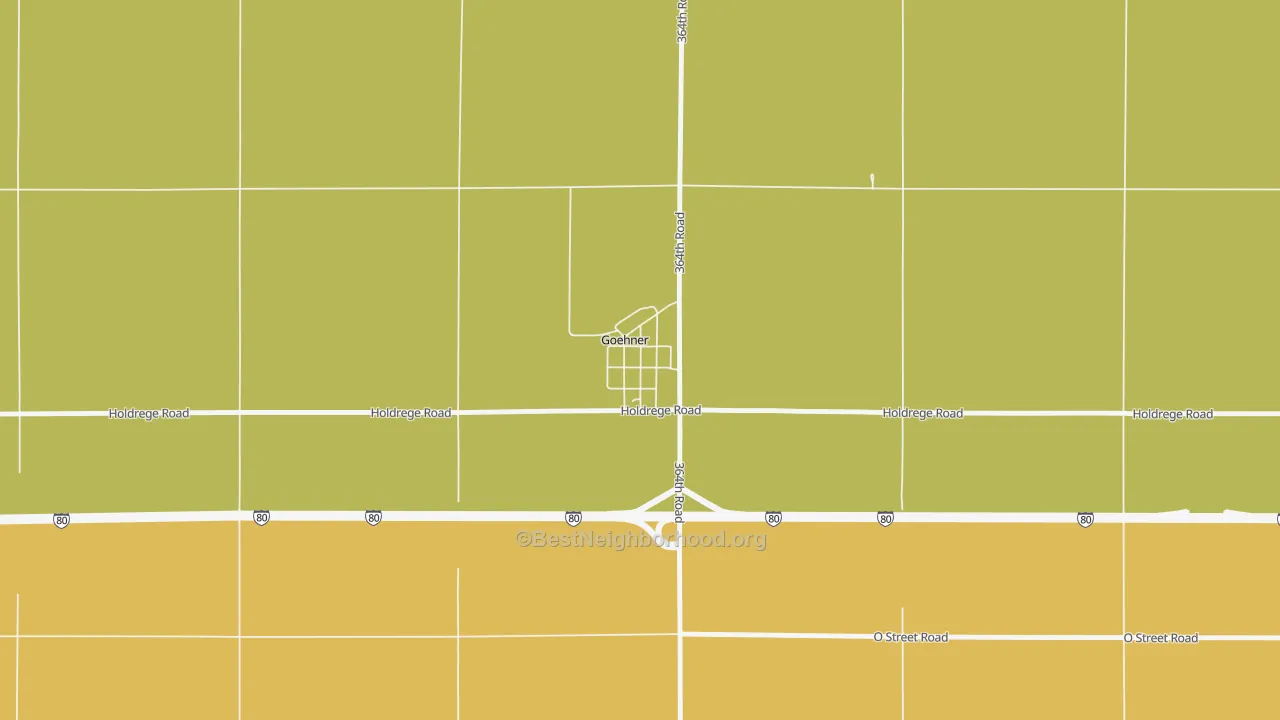 Map of the best neighborhoods in the 68364 area, with better matches in green and worse matches in red