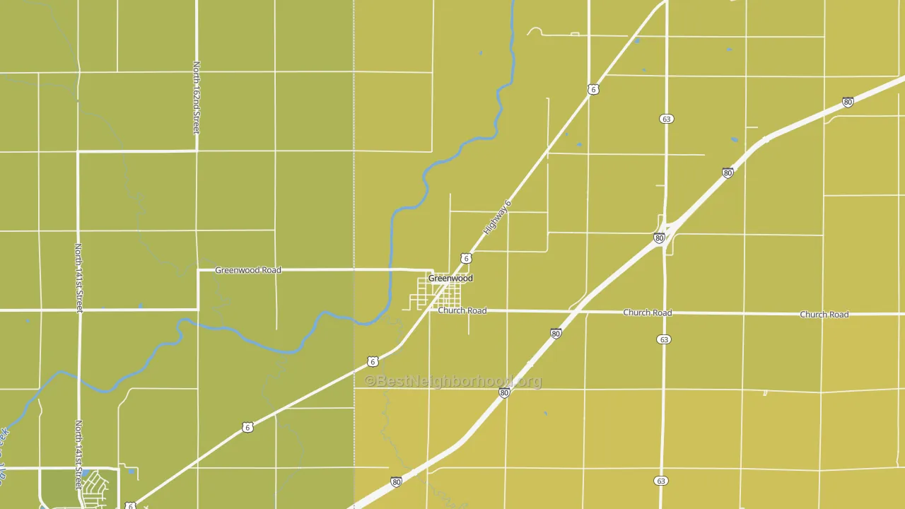 Map of the best neighborhoods in the 68366 area, with better matches in green and worse matches in red