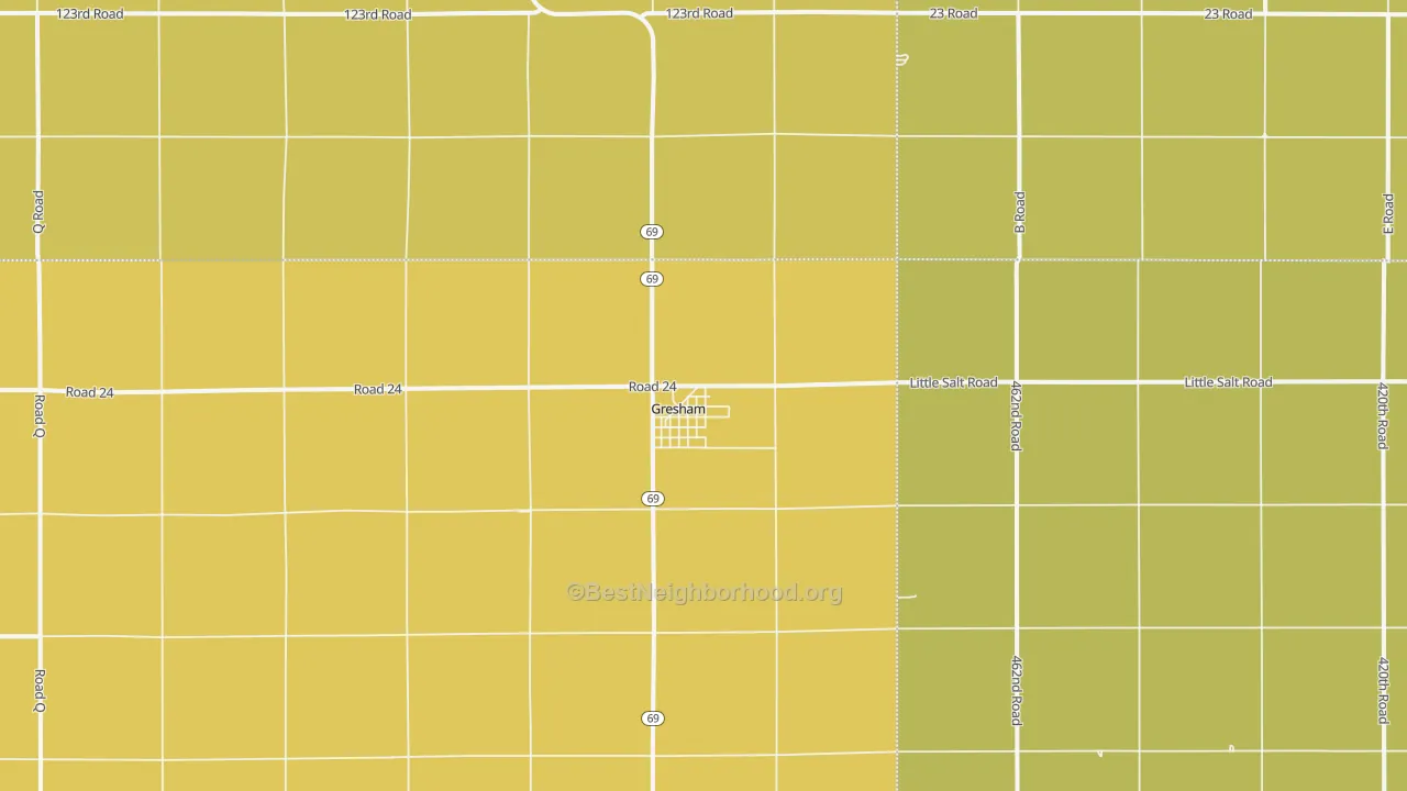 Map of the best neighborhoods in the 68367 area, with better matches in green and worse matches in red
