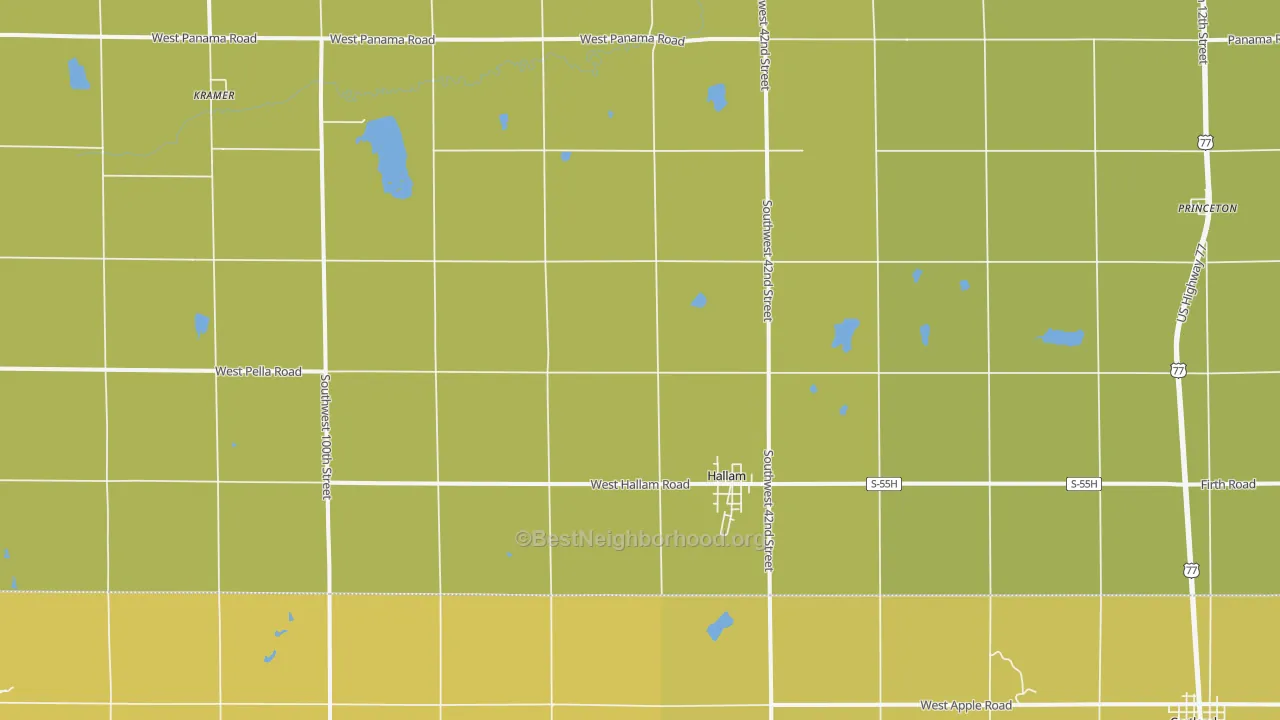 Map of the best neighborhoods in the 68368 area, with better matches in green and worse matches in red