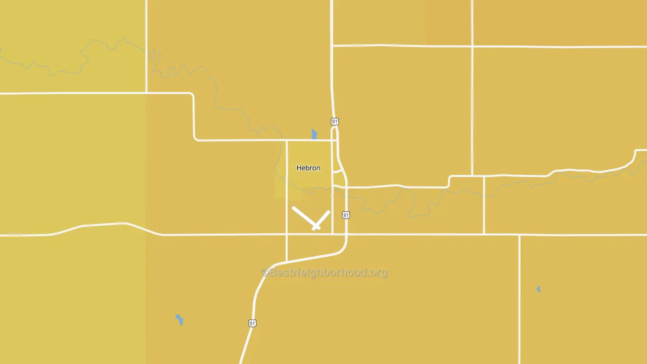 Map of the best neighborhoods in the 68370 area, with better matches in green and worse matches in red