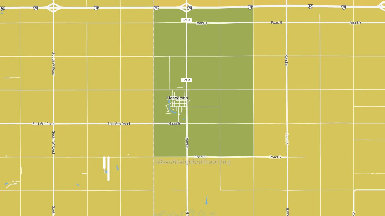 Map of the best neighborhoods in the 68371 area, with better matches in green and worse matches in red