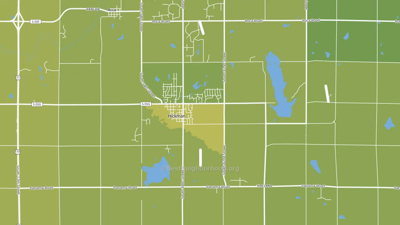 Map of the best neighborhoods in the 68372 area, with better matches in green and worse matches in red