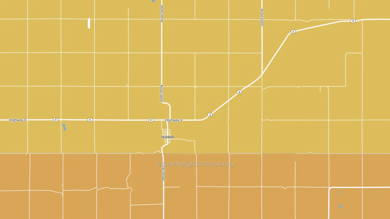 Map of the best neighborhoods in the 68375 area, with better matches in green and worse matches in red