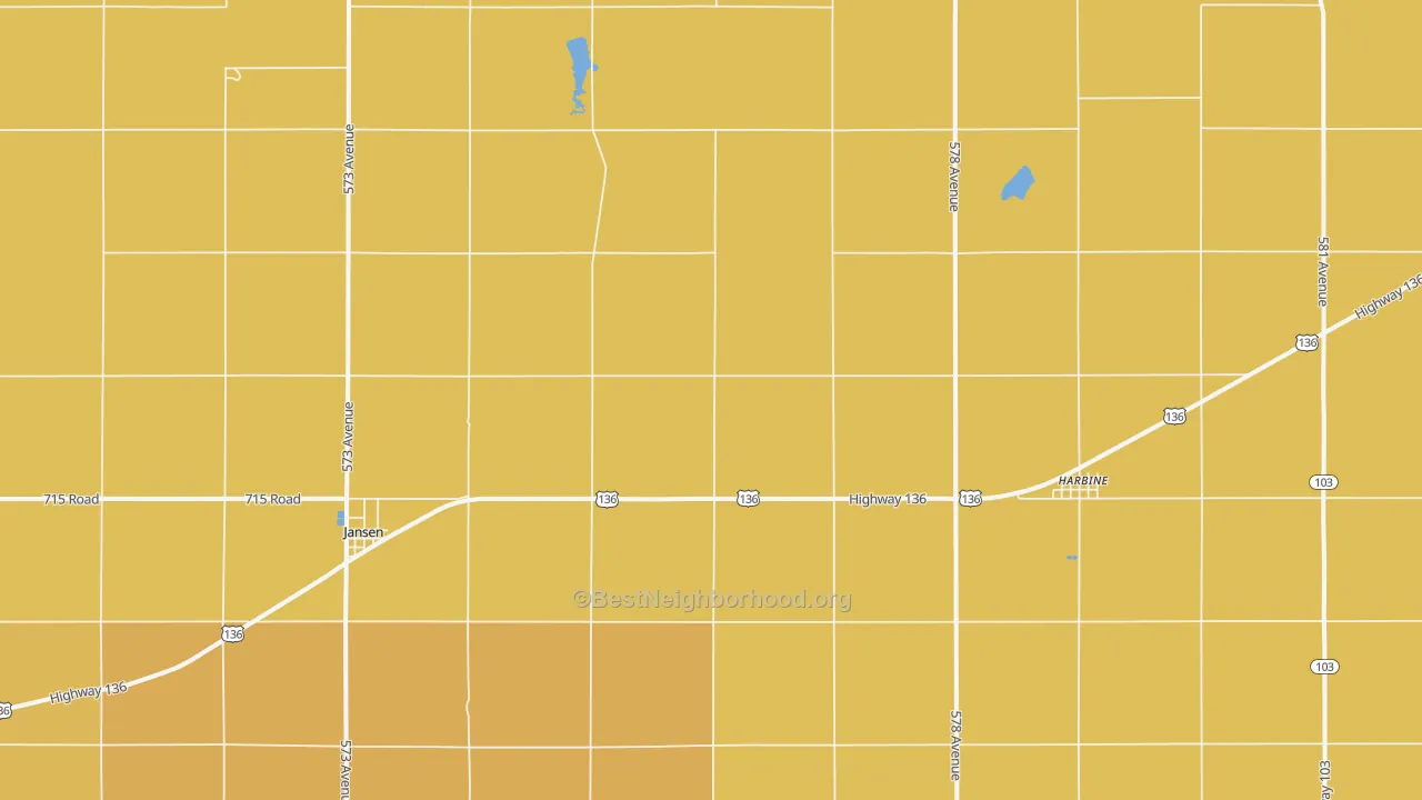 Map of the best neighborhoods in the 68377 area, with better matches in green and worse matches in red