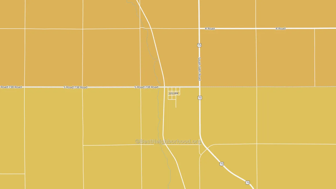 Map of the best neighborhoods in the 68379 area, with better matches in green and worse matches in red