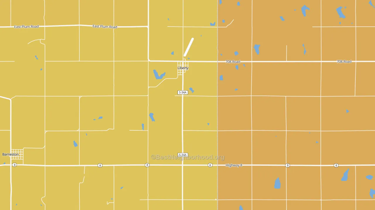 Map of the best neighborhoods in the 68381 area, with better matches in green and worse matches in red