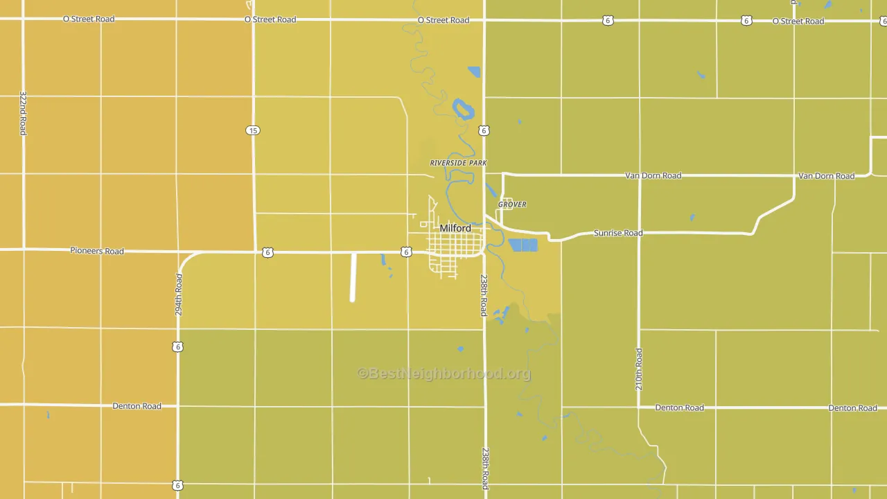 Map of the best neighborhoods in the 68405 area, with better matches in green and worse matches in red