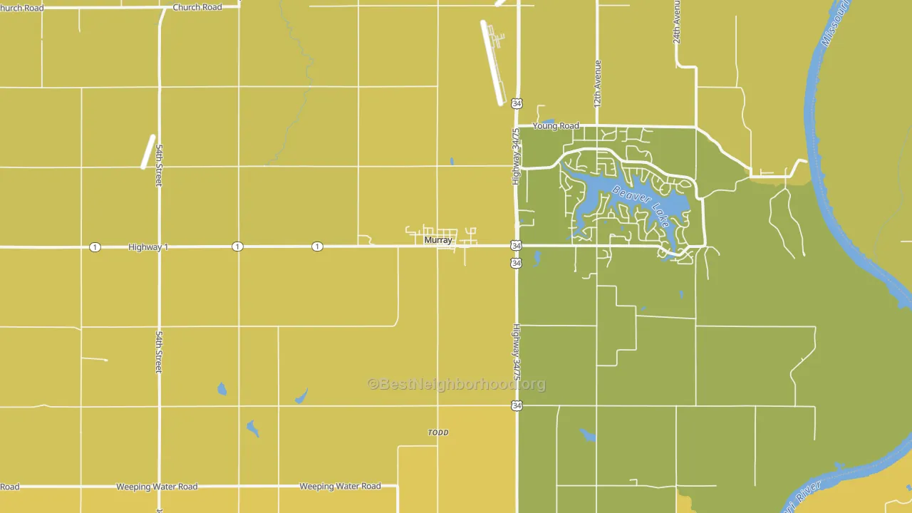 Map of the best neighborhoods in the 68409 area, with better matches in green and worse matches in red