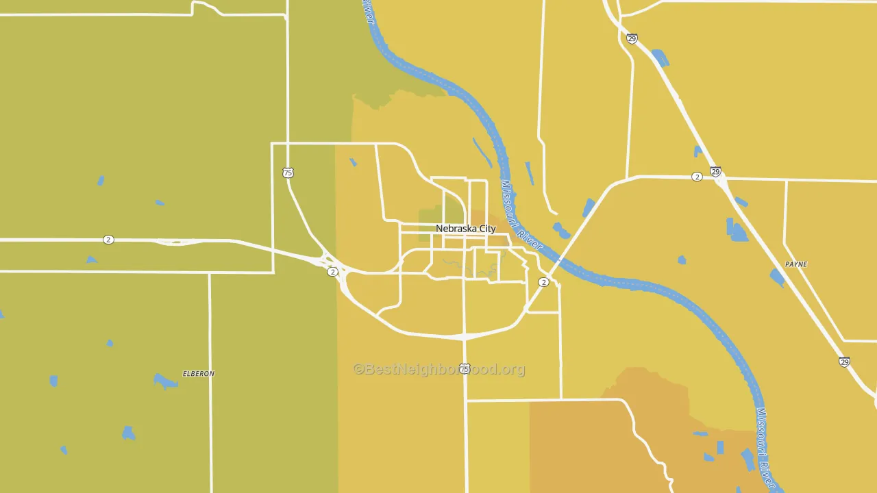 Map of the best neighborhoods in the 68410 area, with better matches in green and worse matches in red