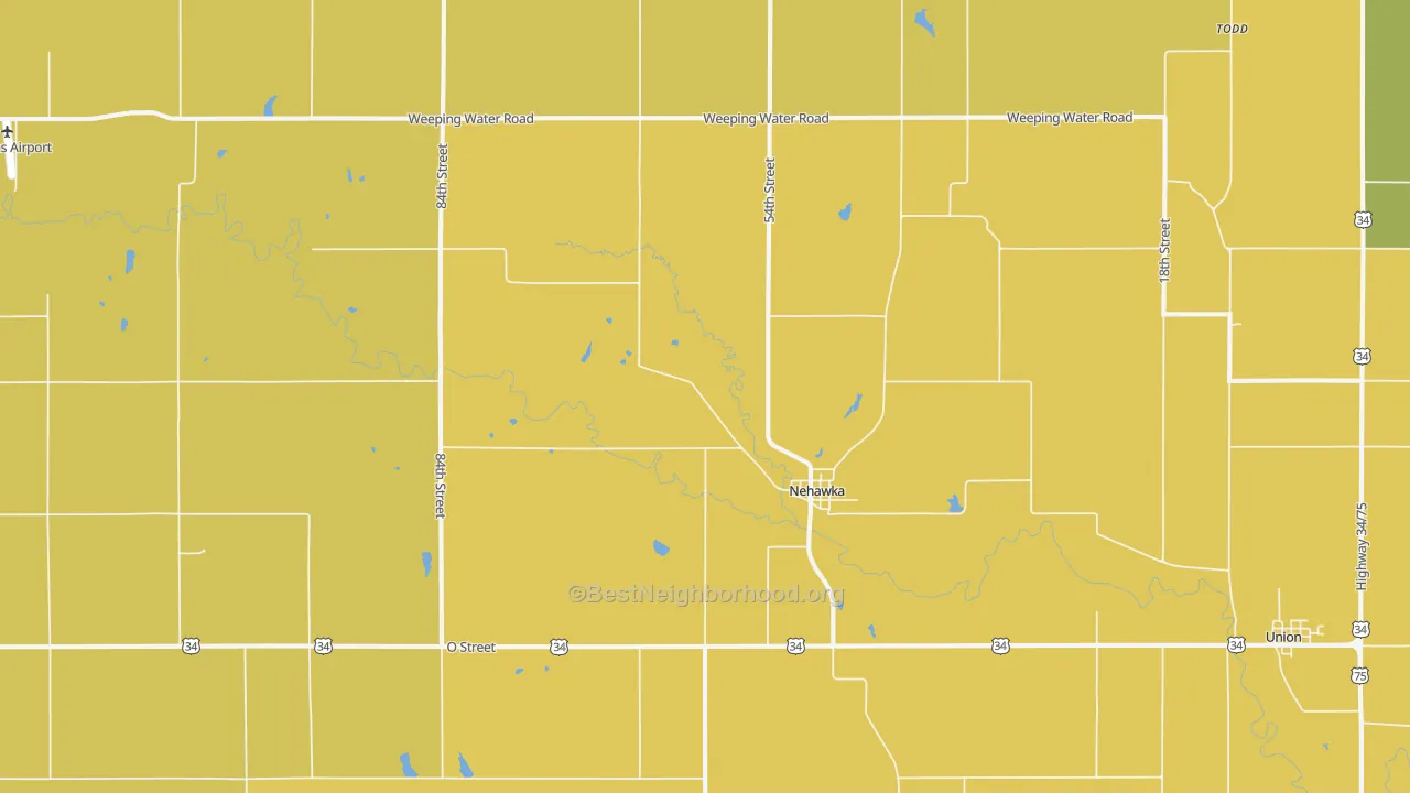 Map of the best neighborhoods in the 68413 area, with better matches in green and worse matches in red