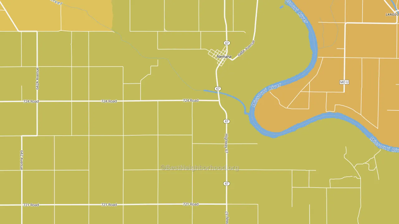 Map of the best neighborhoods in the 68414 area, with better matches in green and worse matches in red