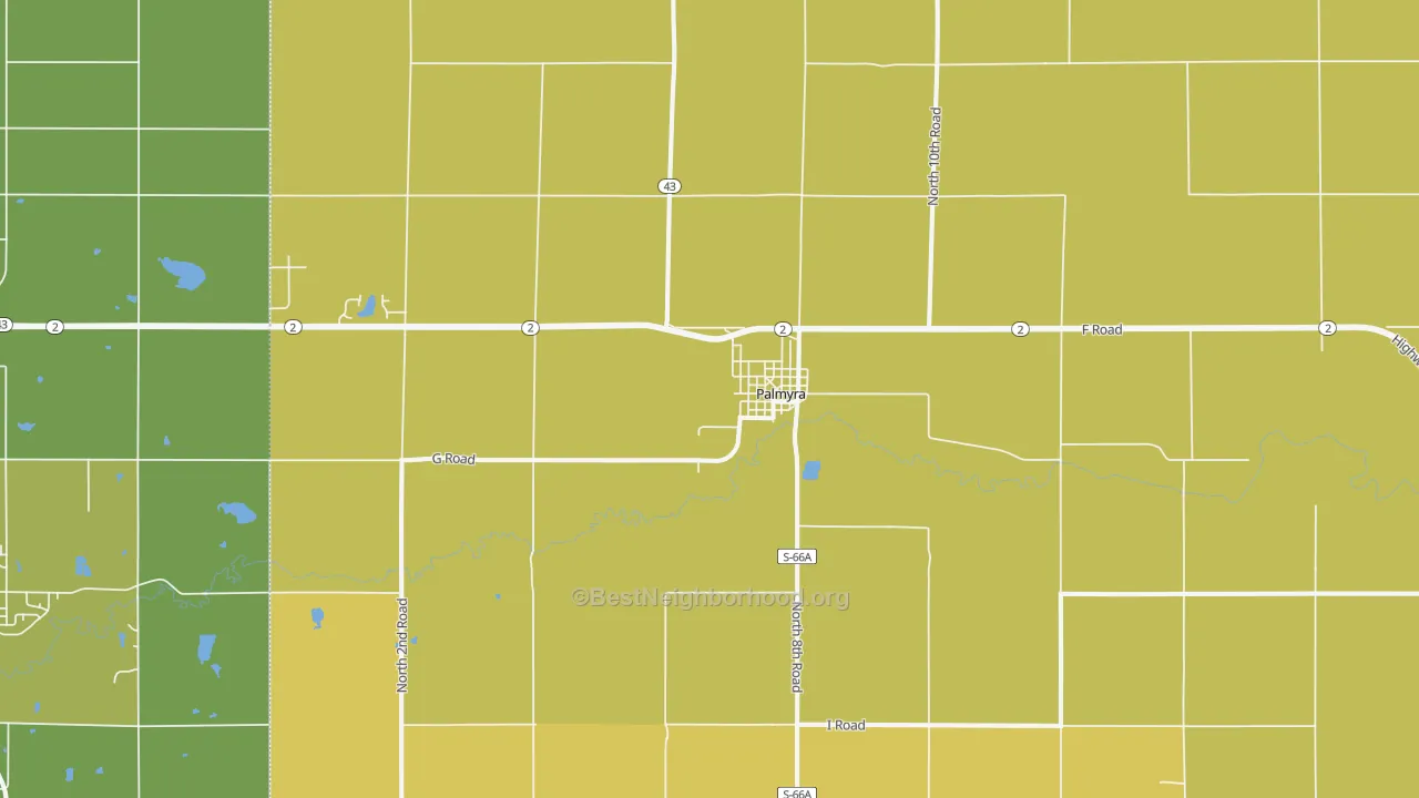 Map of the best neighborhoods in the 68418 area, with better matches in green and worse matches in red