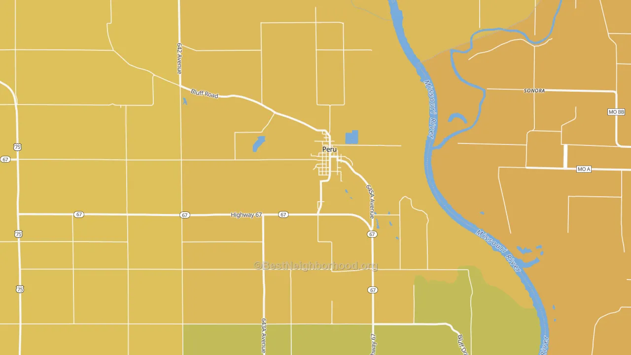 Map of the best neighborhoods in the 68421 area, with better matches in green and worse matches in red