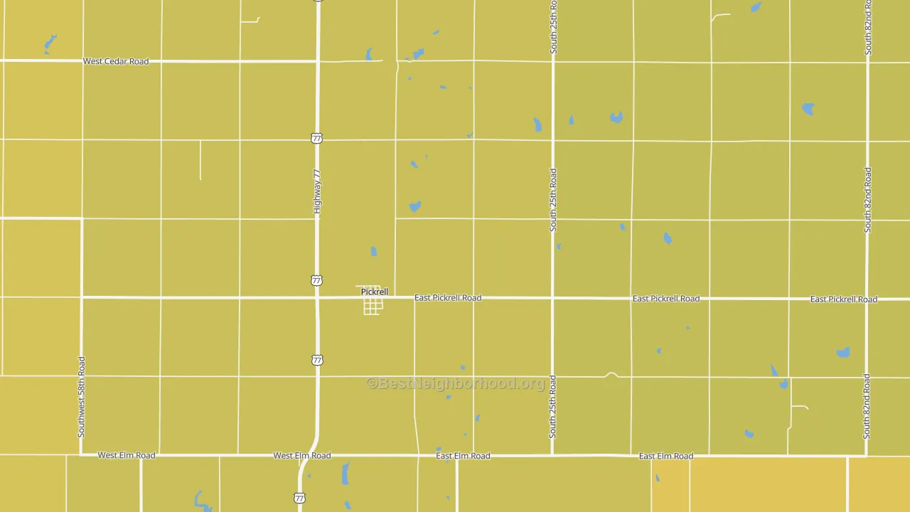 Map of the best neighborhoods in the 68422 area, with better matches in green and worse matches in red