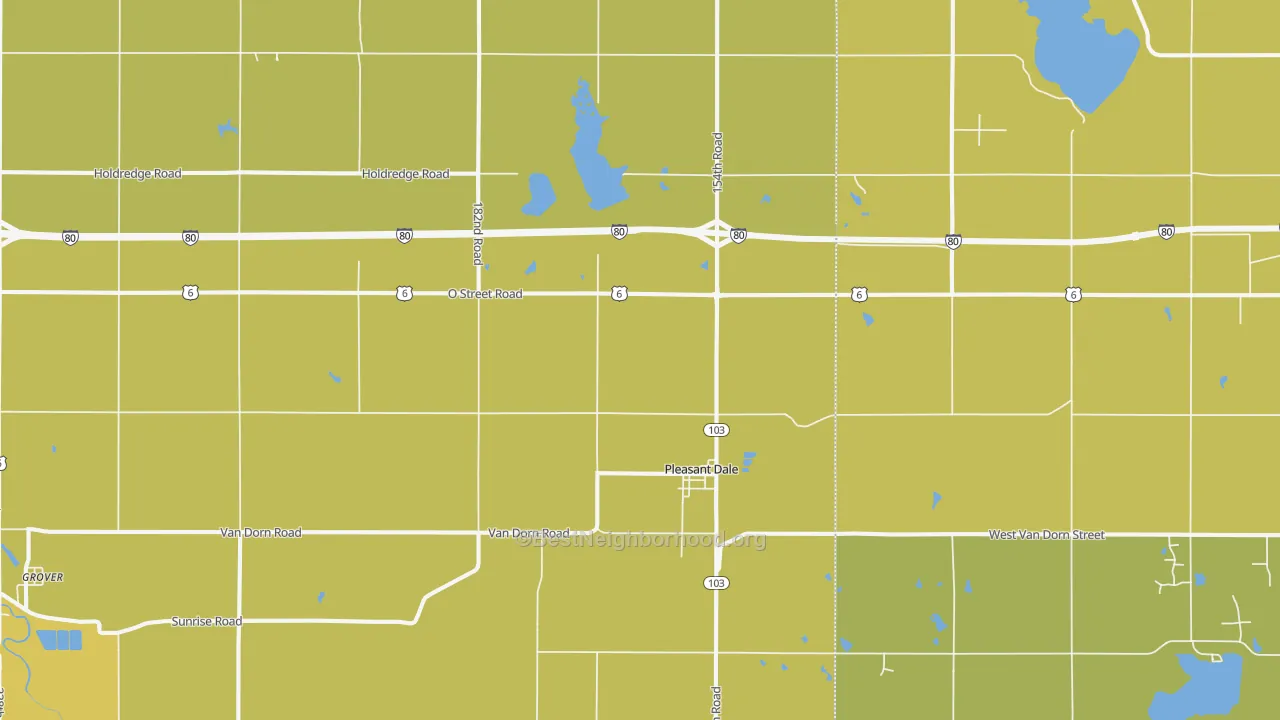 Map of the best neighborhoods in the 68423 area, with better matches in green and worse matches in red
