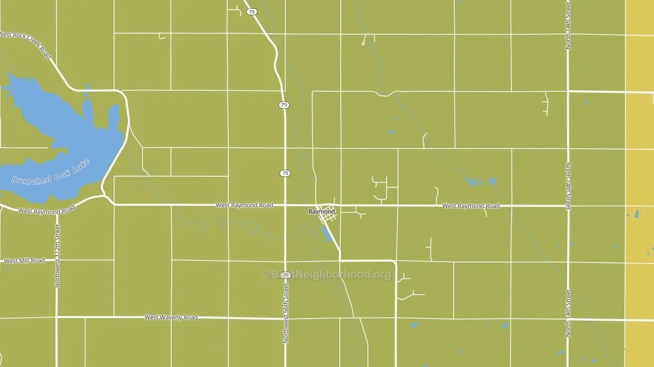 Map of the best neighborhoods in the 68428 area, with better matches in green and worse matches in red