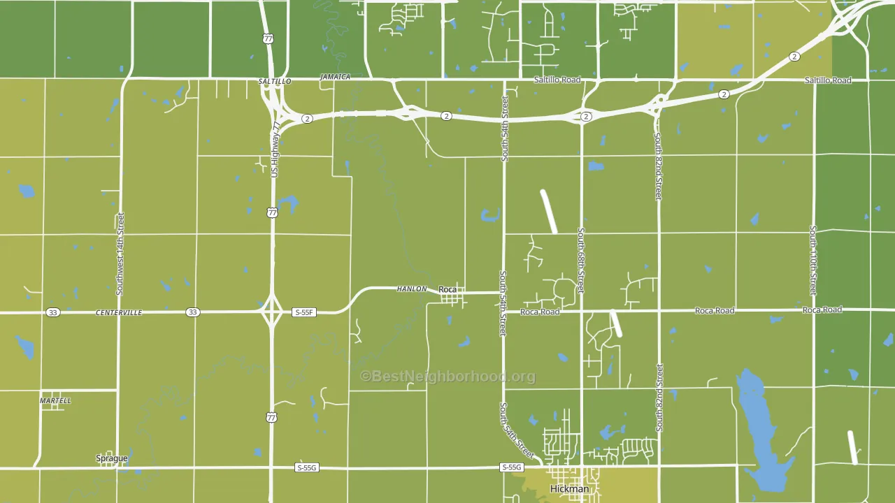 Map of the best neighborhoods in the 68430 area, with better matches in green and worse matches in red
