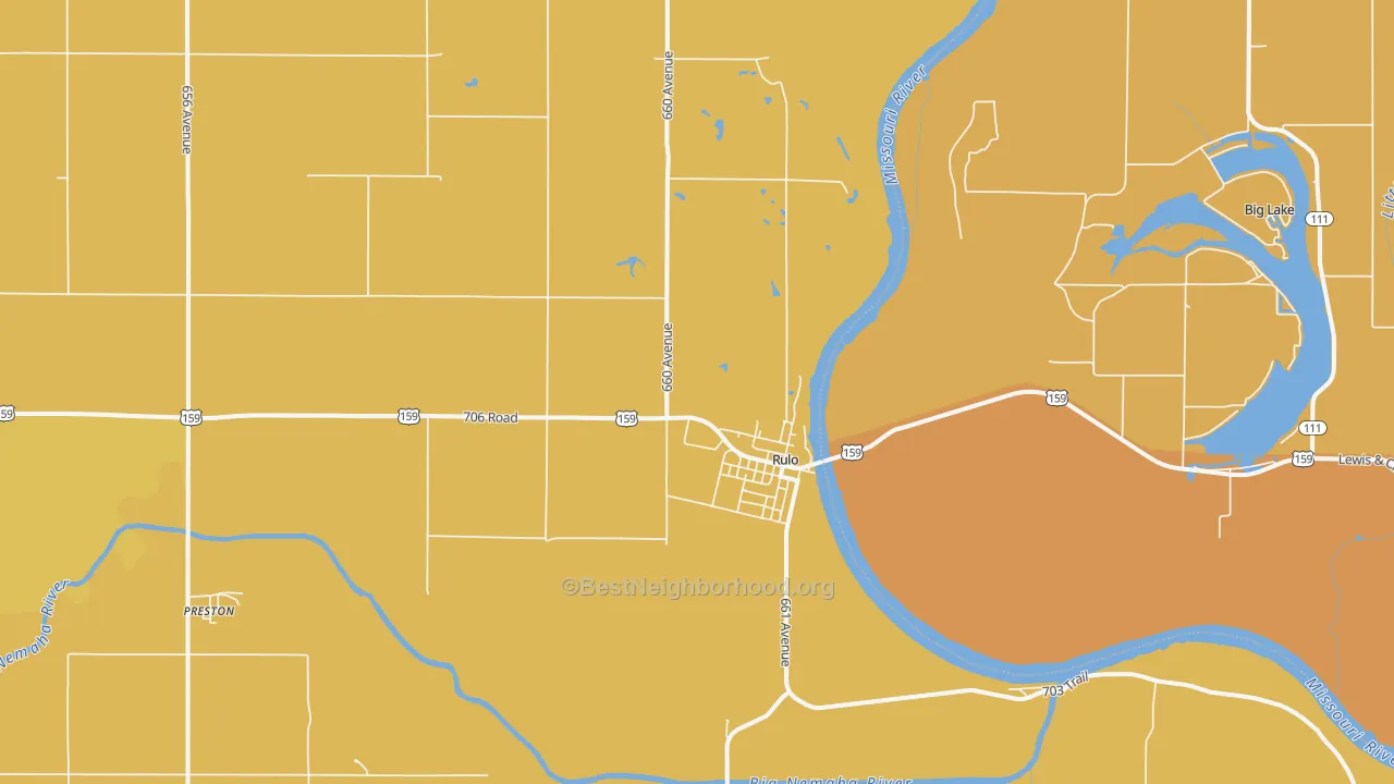 Map of the best neighborhoods in the 68431 area, with better matches in green and worse matches in red