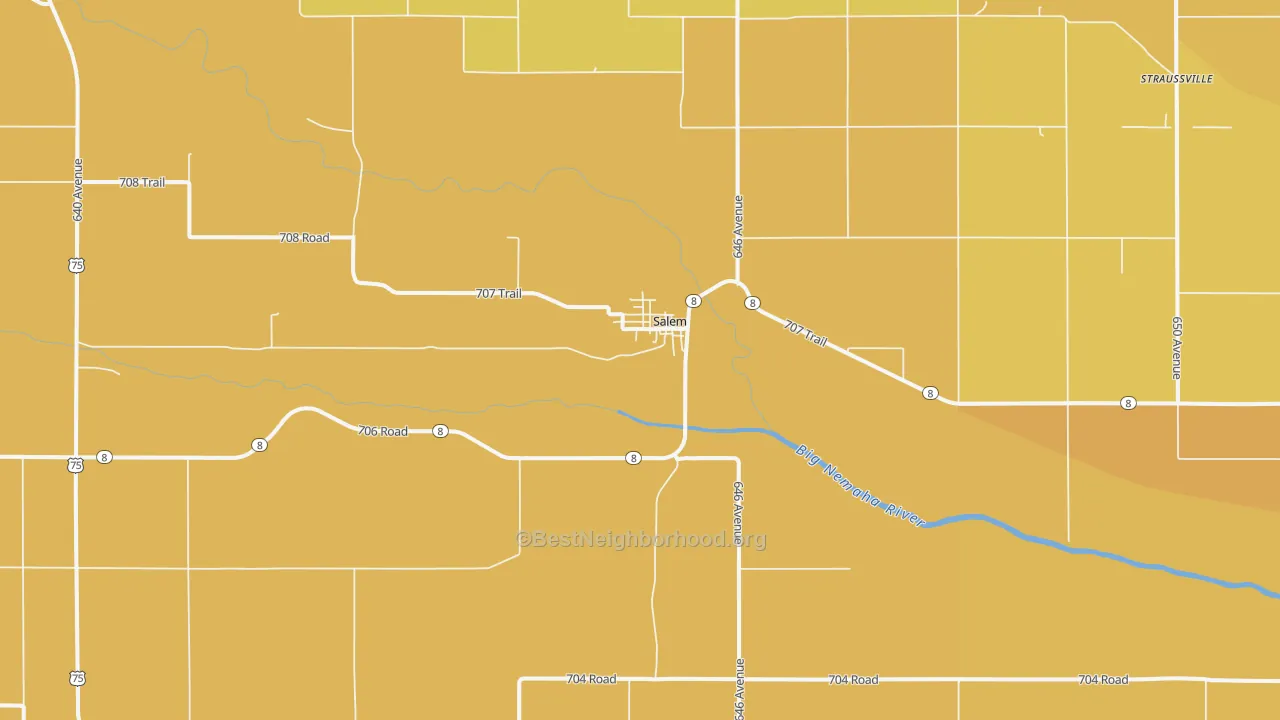 Map of the best neighborhoods in the 68433 area, with better matches in green and worse matches in red