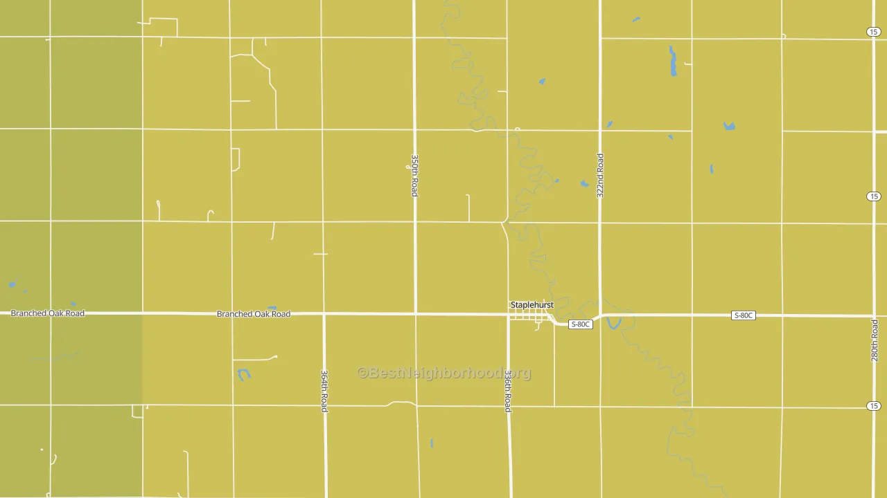 Map of the best neighborhoods in the 68439 area, with better matches in green and worse matches in red