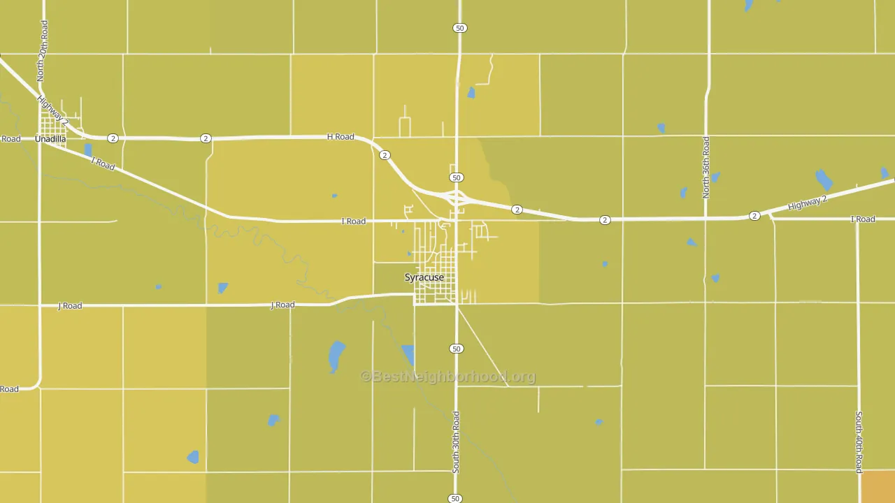 Map of the best neighborhoods in the 68446 area, with better matches in green and worse matches in red