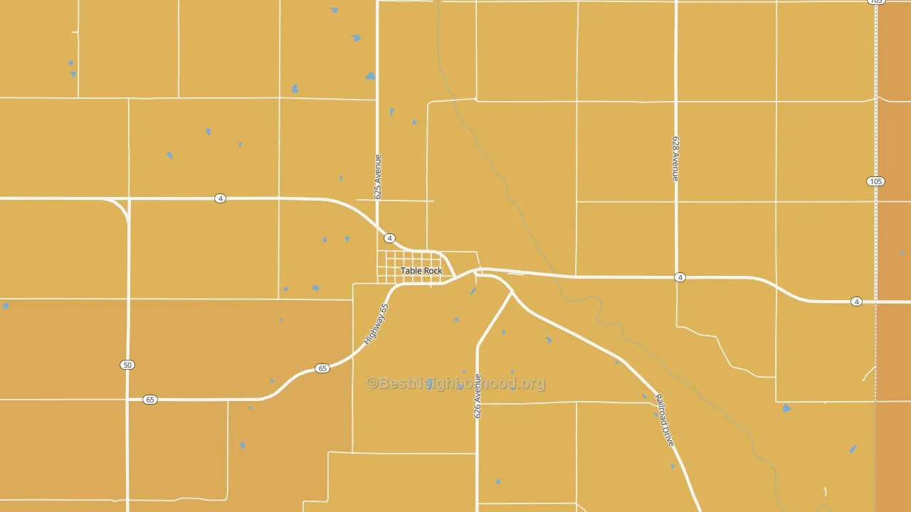 Map of the best neighborhoods in the 68447 area, with better matches in green and worse matches in red