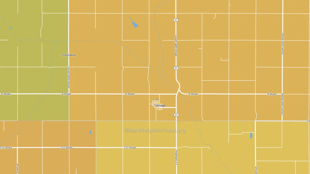 Map of the best neighborhoods in the 68448 area, with better matches in green and worse matches in red