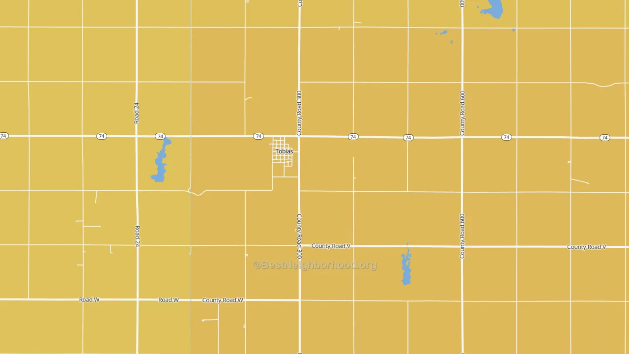 Map of the best neighborhoods in the 68453 area, with better matches in green and worse matches in red
