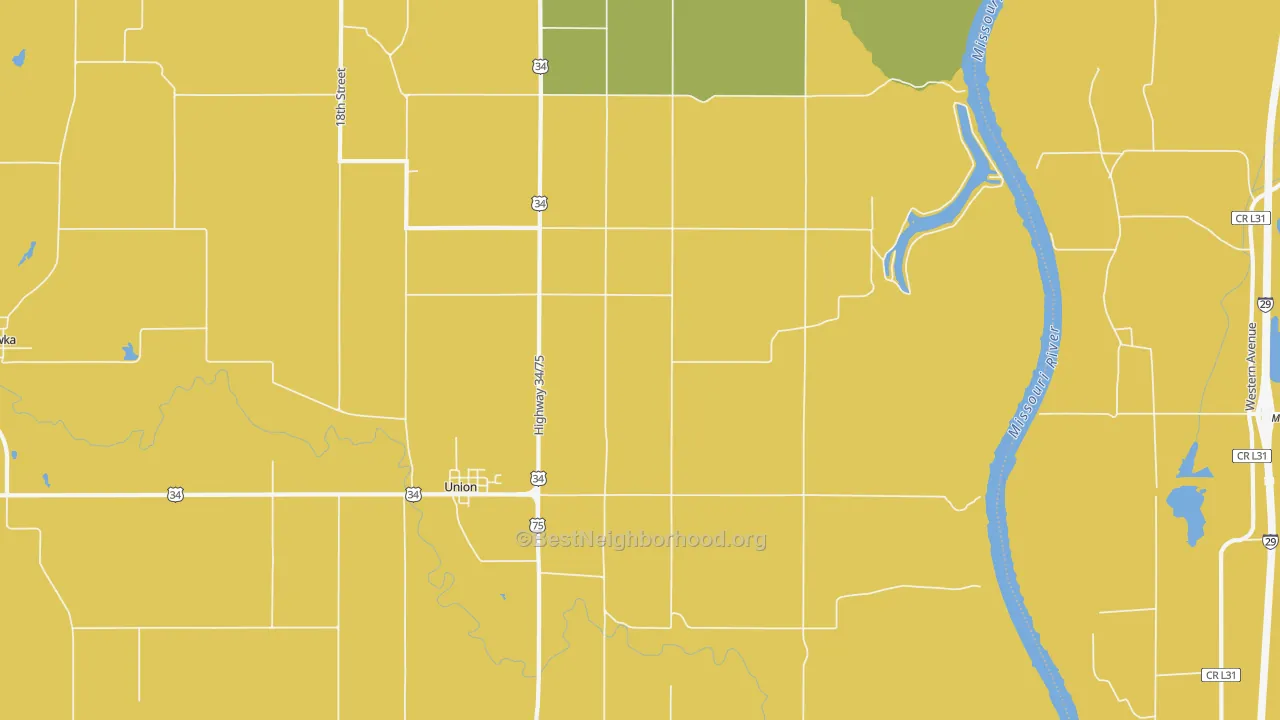 Map of the best neighborhoods in the 68455 area, with better matches in green and worse matches in red