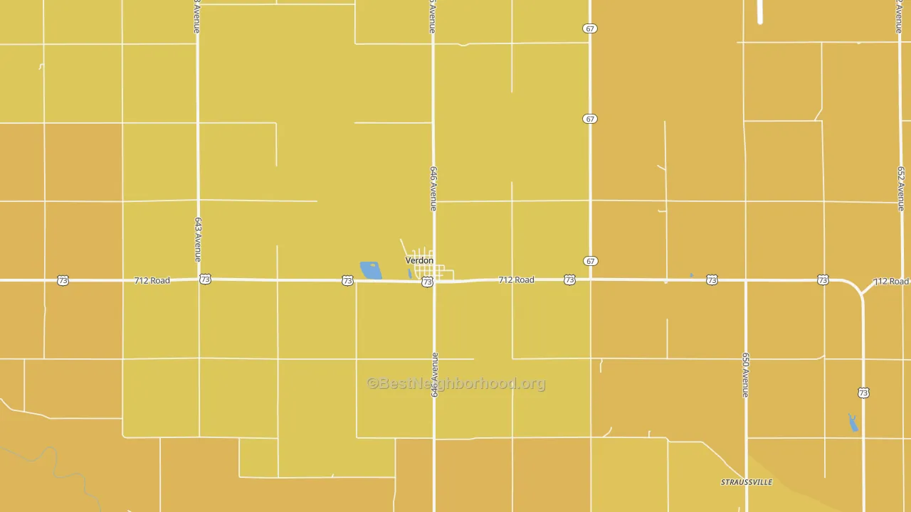 Map of the best neighborhoods in the 68457 area, with better matches in green and worse matches in red
