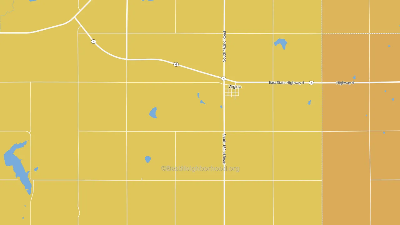 Map of the best neighborhoods in the 68458 area, with better matches in green and worse matches in red