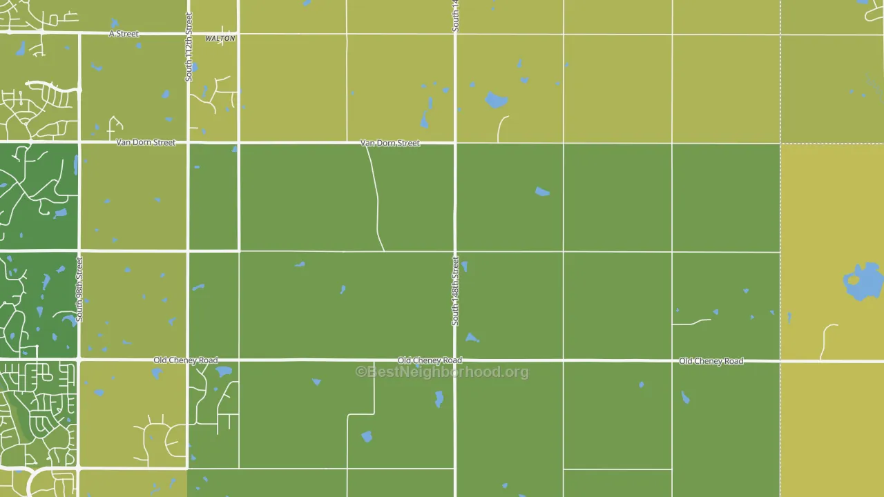 Map of the best neighborhoods in the 68461 area, with better matches in green and worse matches in red