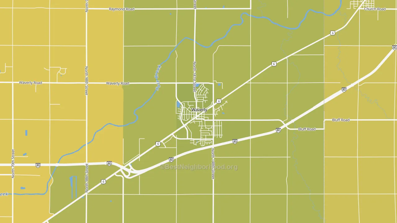 Map of the best neighborhoods in the 68462 area, with better matches in green and worse matches in red
