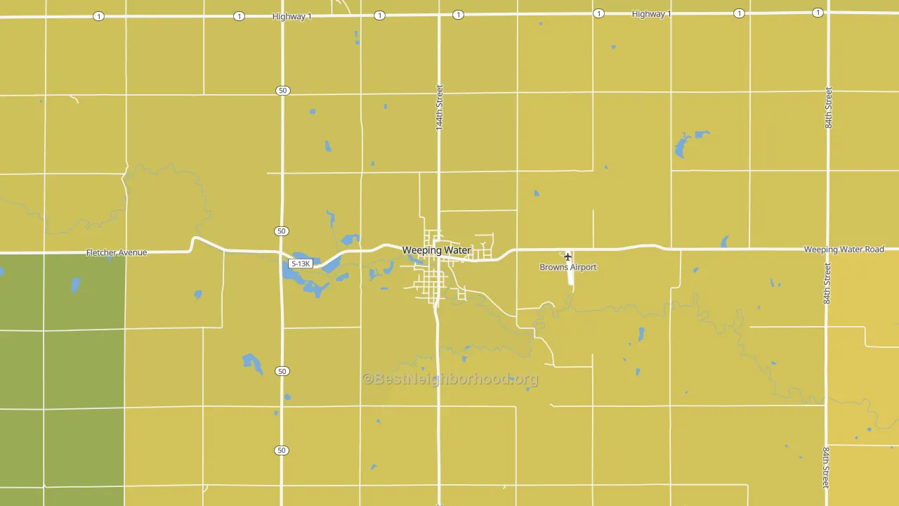 Map of the best neighborhoods in the 68463 area, with better matches in green and worse matches in red